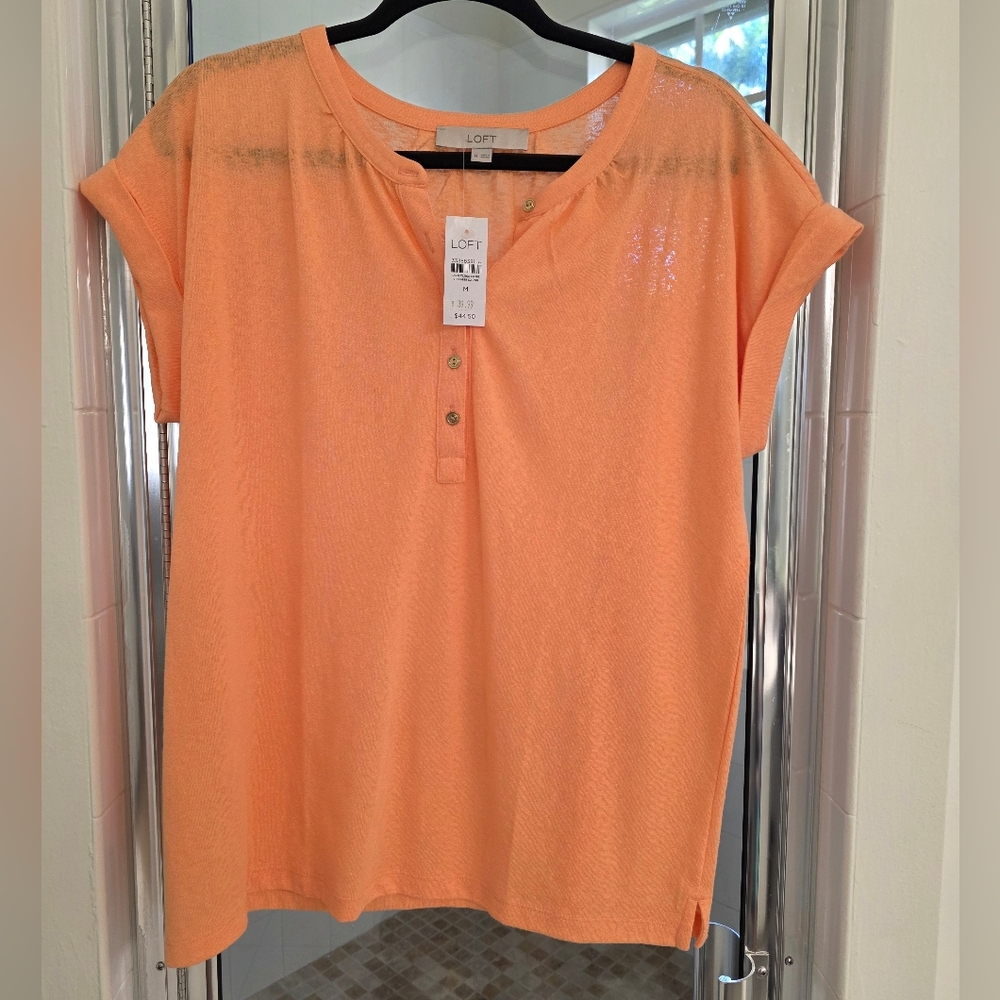 LOFT Henley Tunic Short Sleeve Top Coral  ** Medium ** New w/Tags!!